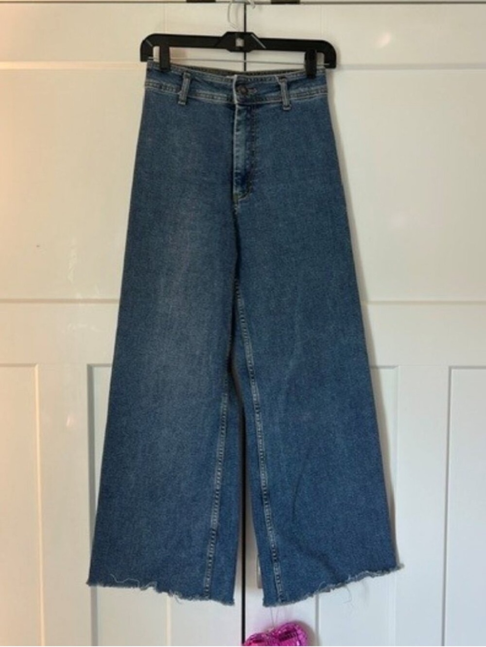 Zara Marine High Rise Wide Leg Raw Hem Denim Jeans